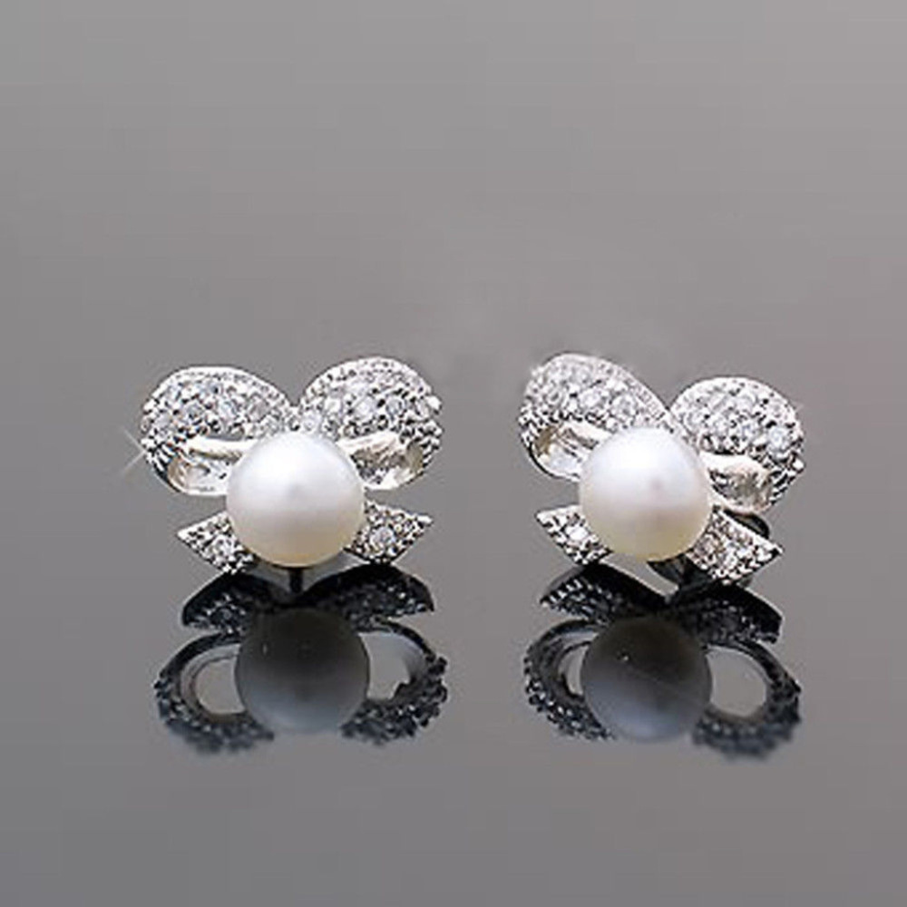 New Crystal Bow Pearl Earrings Stud Silver Bow - Picture 4 of 5